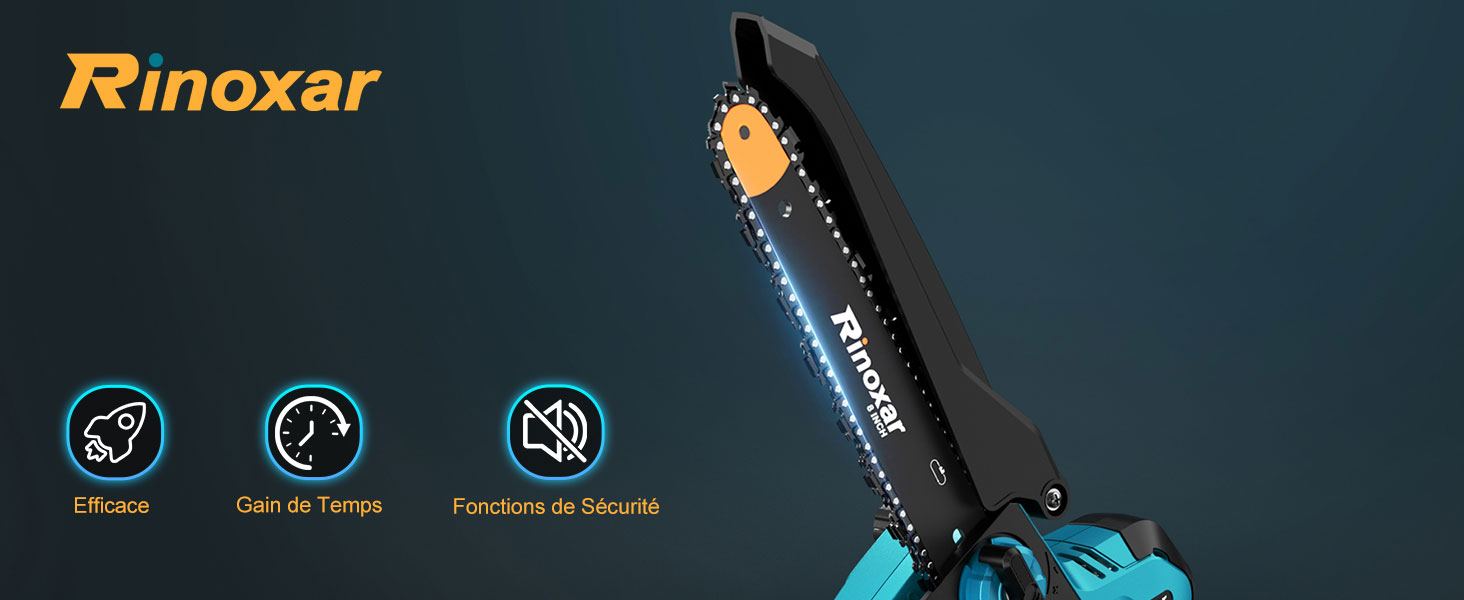de marque bleujardin au design noir et bleu, avec trois icônes de caractéristiques affichées ci-dessous indiquant les fonctions silencieuses, permettant de gagner du temps