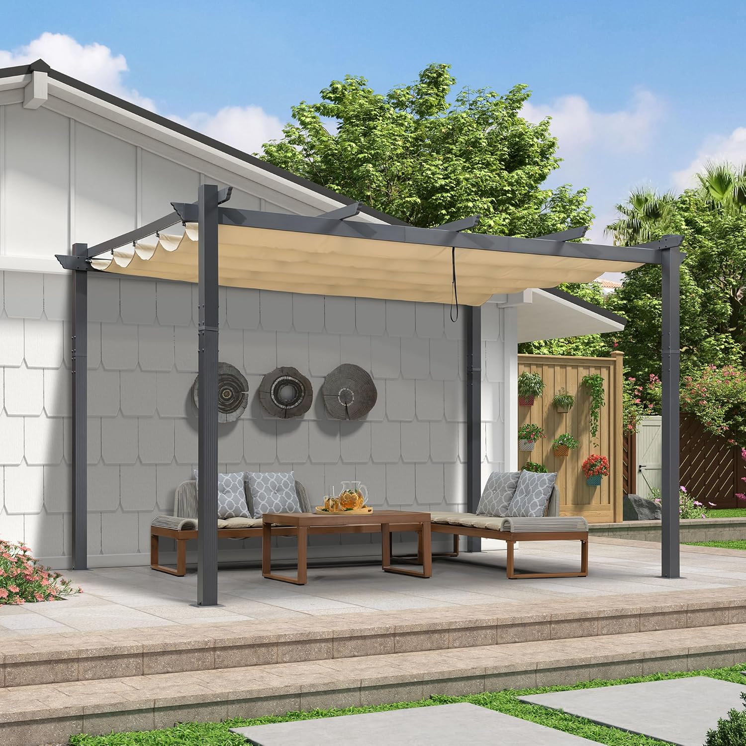 bleujardin - Pergola murale - 4 x 2,7 m - toit coulissant alu, tissu kaki