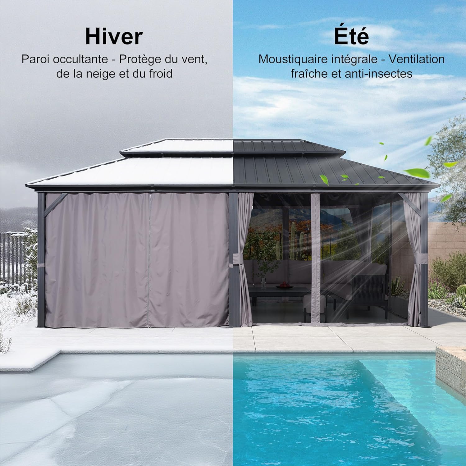 bleujardin - Tonnelle double toit rigide, 6 x 3,65 m, moustiquaire, aluminium, gris