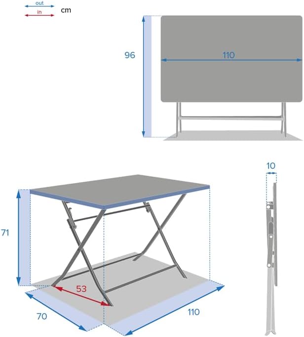 bleujardin - Greensboro - 110x70 cm - Table pliante acier 4 places, traitement epoxy antirouille