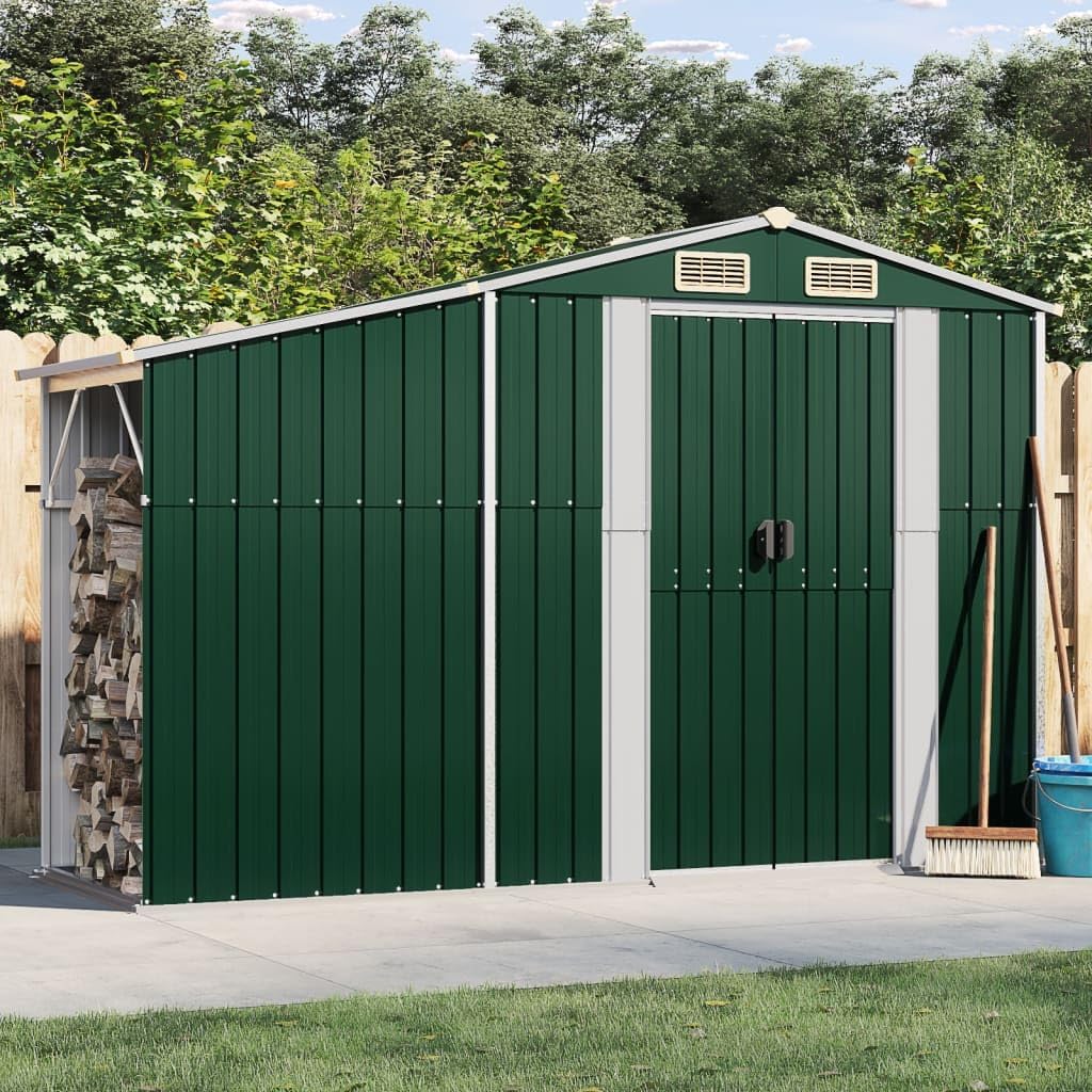 Abri de jardin vert 277 x 93 x 179 cm en acier galvanisé avec toit incliné et ouvertures d'aération pour outils de jardin et stockage du bois de chauffage