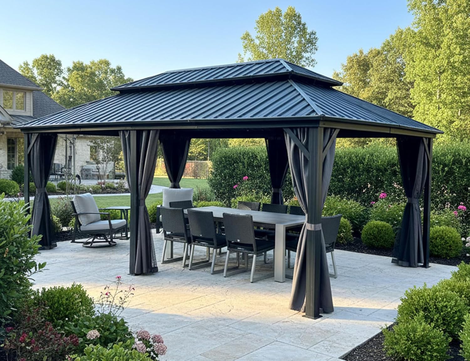 bleujardin - Tonnelle double toit rigide, 6 x 3,65 m, moustiquaire, aluminium, gris