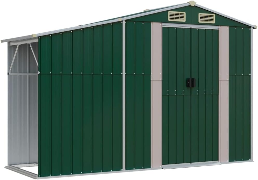 Abri de jardin vert 277 x 93 x 179 cm en acier galvanisé avec toit incliné et ouvertures d'aération pour outils de jardin et stockage du bois de chauffage