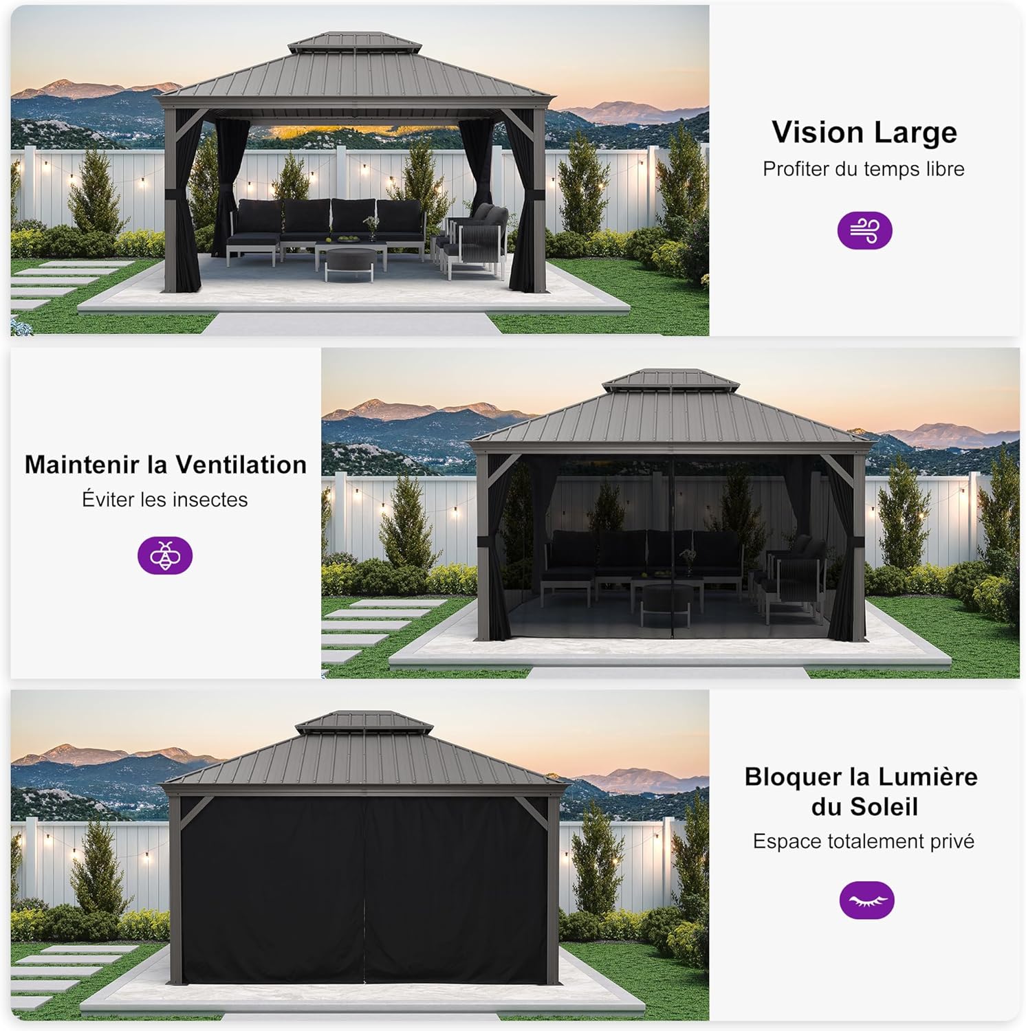 bleujardin - tonnelle jardin double toit - 3,65x4,25m - aluminium, moustiquaire, rideaux