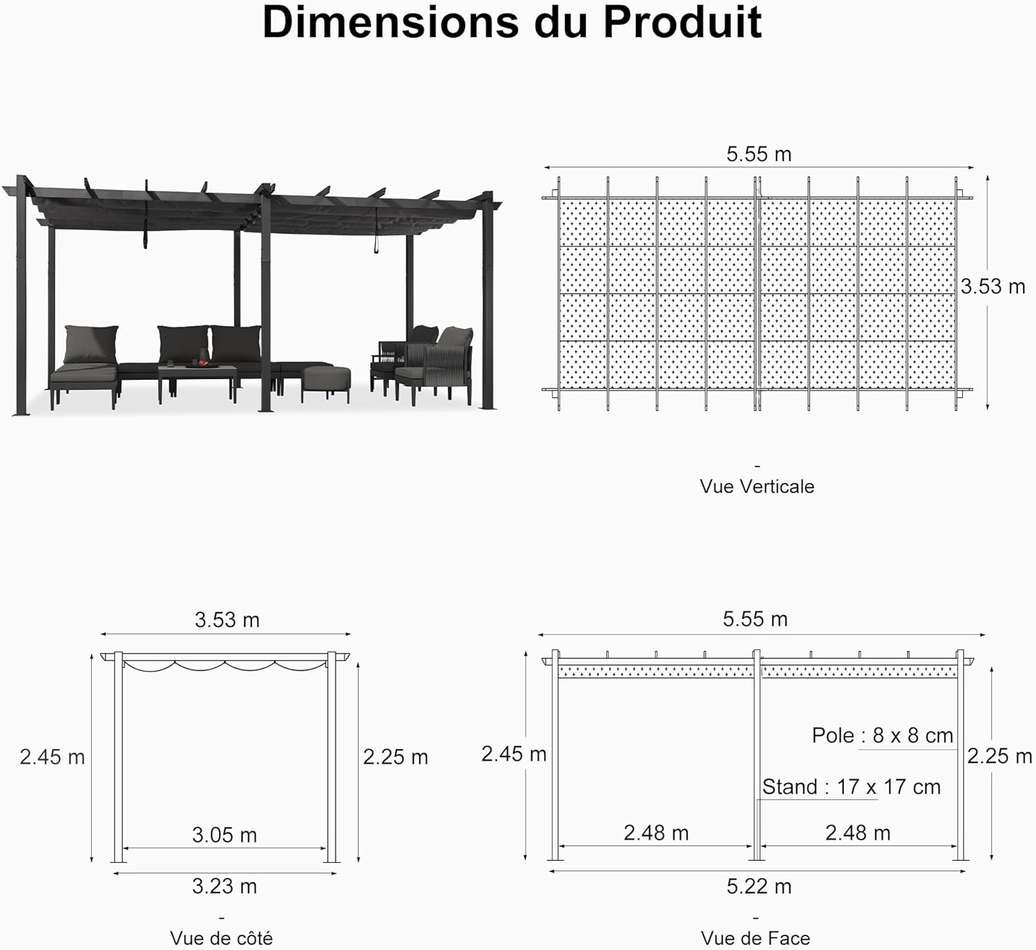 bleujardin - Pergola Aluminium 5.5 x 3.5 m - Éclairage LED intégré, toit rétractable, tissu teinté, structure résistant