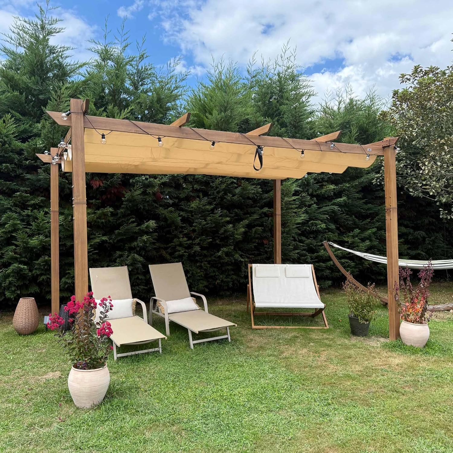 bleujardin - Pergola aluminium 4x3m, toit rétractable, éclairage intégré, finition teck, kaki
