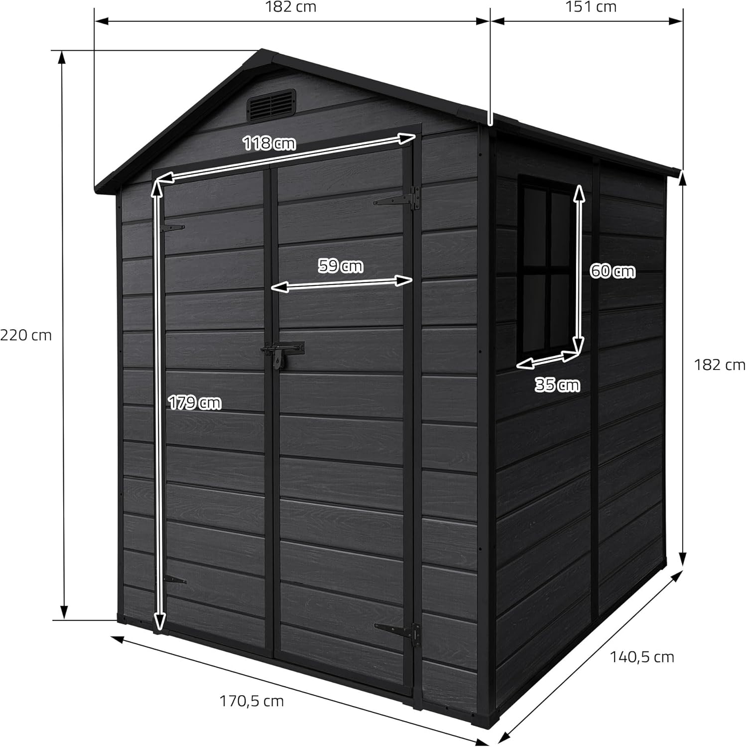 bleujardin - Abri de jardin résine 151x182x220 cm double porte, 5m³, fenêtre, ventilation