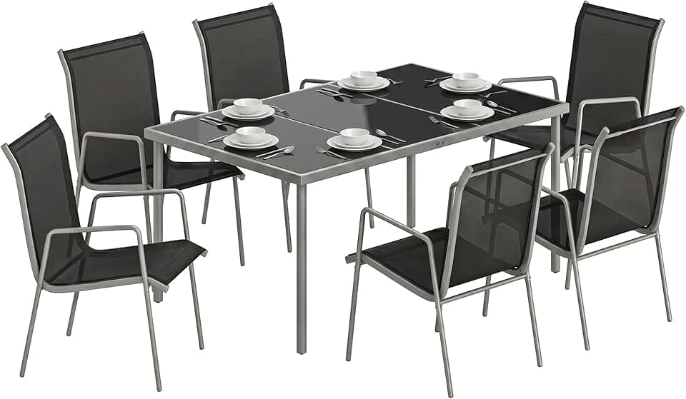bleujardin - salon jardin 6 personnes - table verre, chaises empilables, textilène, argent