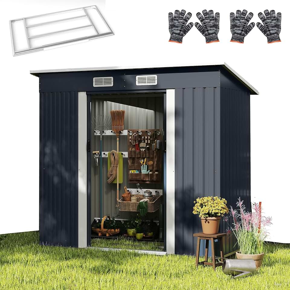 bleujardin Abri de Jardin en Métal 4m³ avec Toit Incliné, Porte Coulissante Verrouillable et Aérations, Cabane à Outils Extérieur pour Jardin, Cour, Pelouse, Patio, 213 x 112 x 186 CM