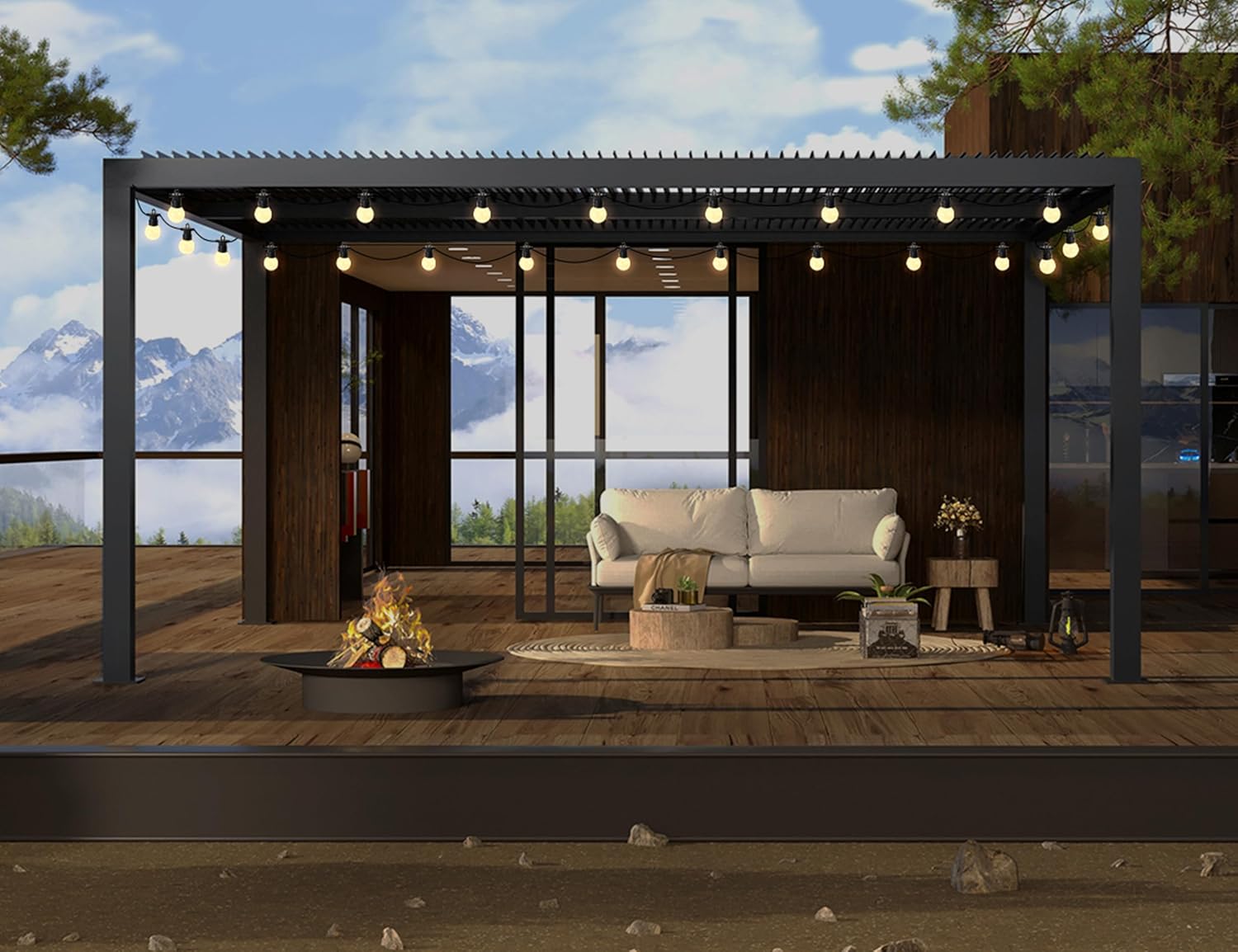 bleujardin - Pergola bioclimatique - 4,8x3,68m - lames orientables, éclairage, aluminium, 17,66m²