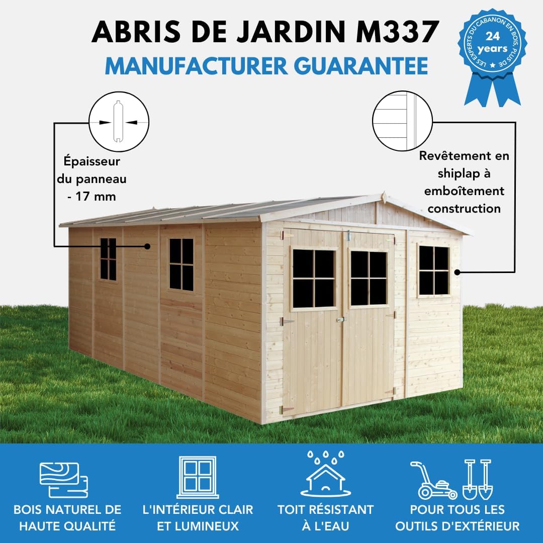 ABRI de Jardin en Bois Exterieur avec Les PLANCHERS IMPRÉGNÉ - Chalet en Pin/épicéa- H226x324x516 cm/15 m²- Construction de Panneaux- Rangement pour vélos, Remise à Outils- bleujardin M337+M337G