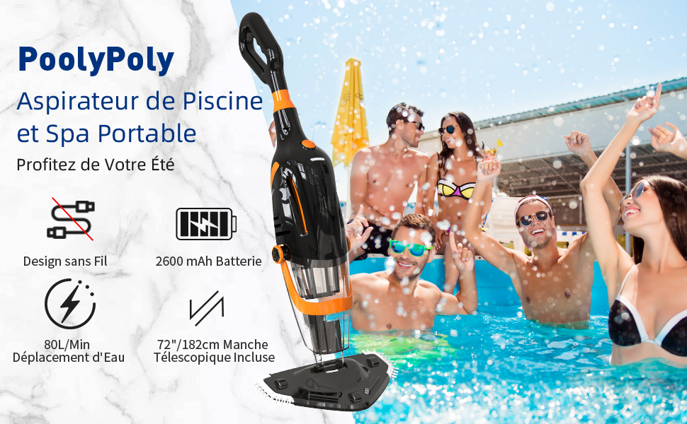 Le texte indique « bleujardin Aspirateur de piscine et spa portable » montrant un aspirateur de piscine avec des spécifications, notamment une batterie de 2 000 mAh et des démonstrations d'utilisation dans les paramètres de la piscine.