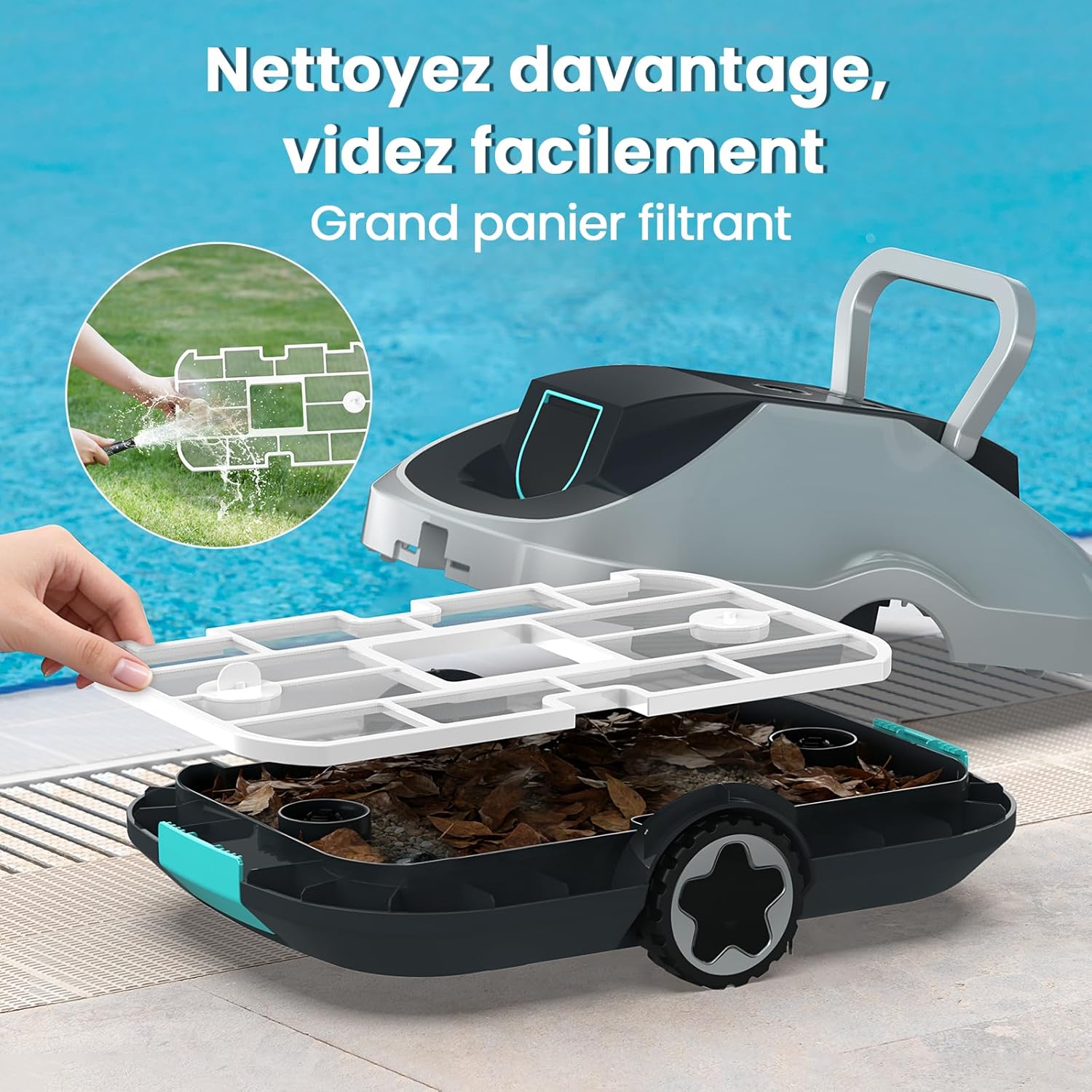 Robot piscine sans fil - compact, 200min autonomie, filtration fine, 232m²