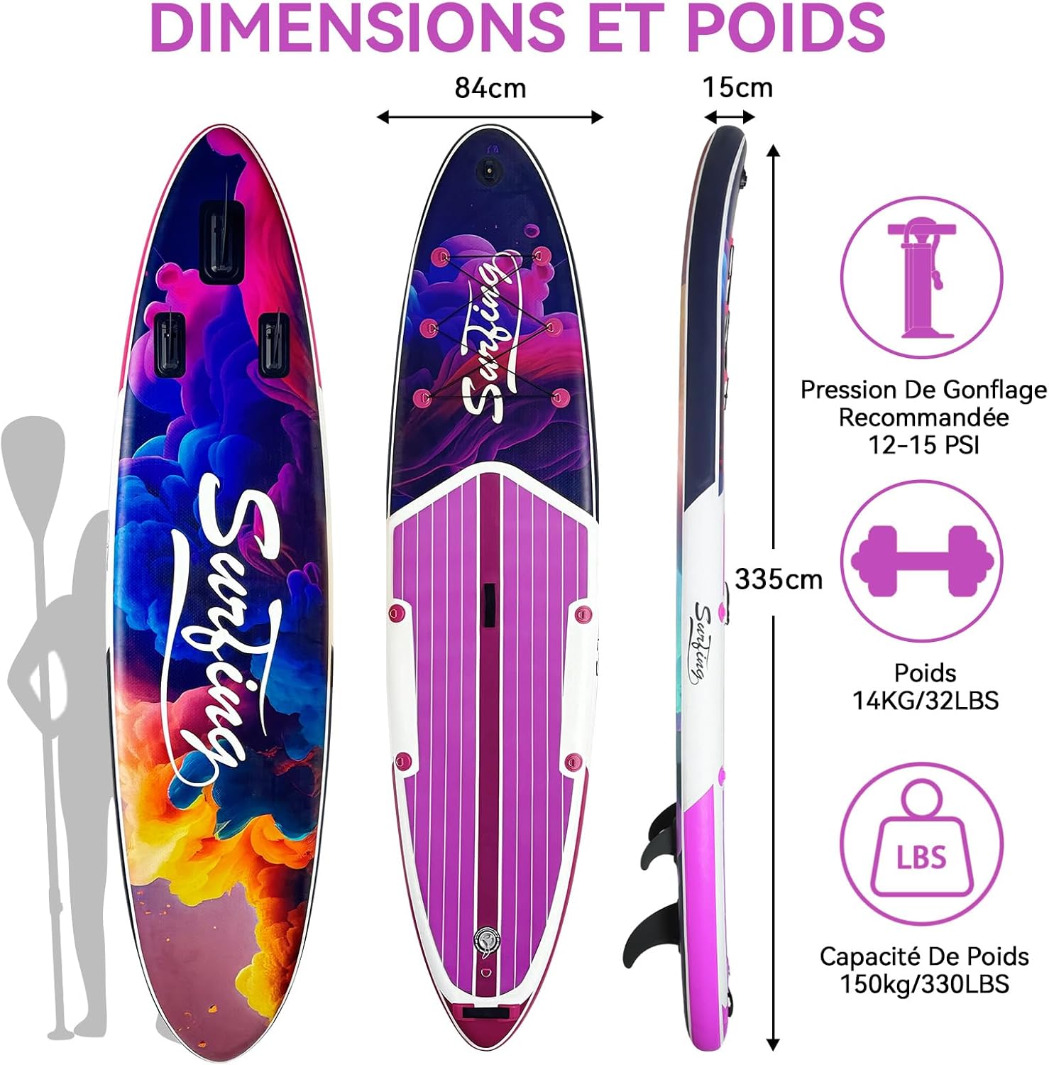 bleujardin - Paddle gonflable 320/335 cm - 2 places, siège kayak, pagaie, pompe, 150 kg