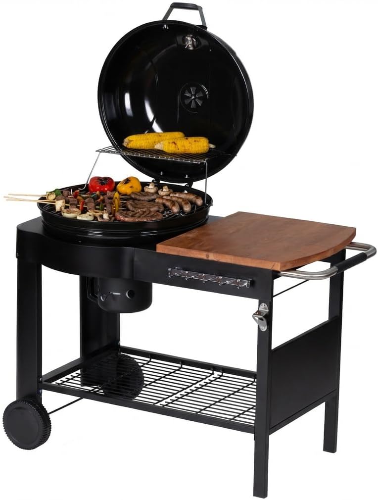 bleujardin - Barbecue Calgary - acier/bois - couvercle thermomètre, tablettes, 2 roues, noir
