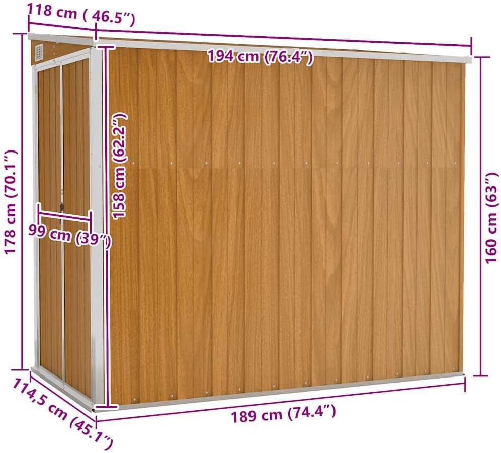 bleujardin Abri de Jardin Mural Marron 118x194x178 cm Acier galvanisé,Structures extérieures, Cabanes & abris de Jardin,316224