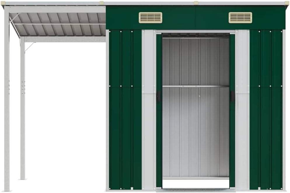 bleujardin Abri de Jardin avec Toit prolongé Vert 277x107x181 cm Acier, Maison & Jardin, Pelouses & Jardins, Vie en extérieur, Structures extérieures, Cabanes & abris de Jardin, Vert, (Poids 41.56KG)