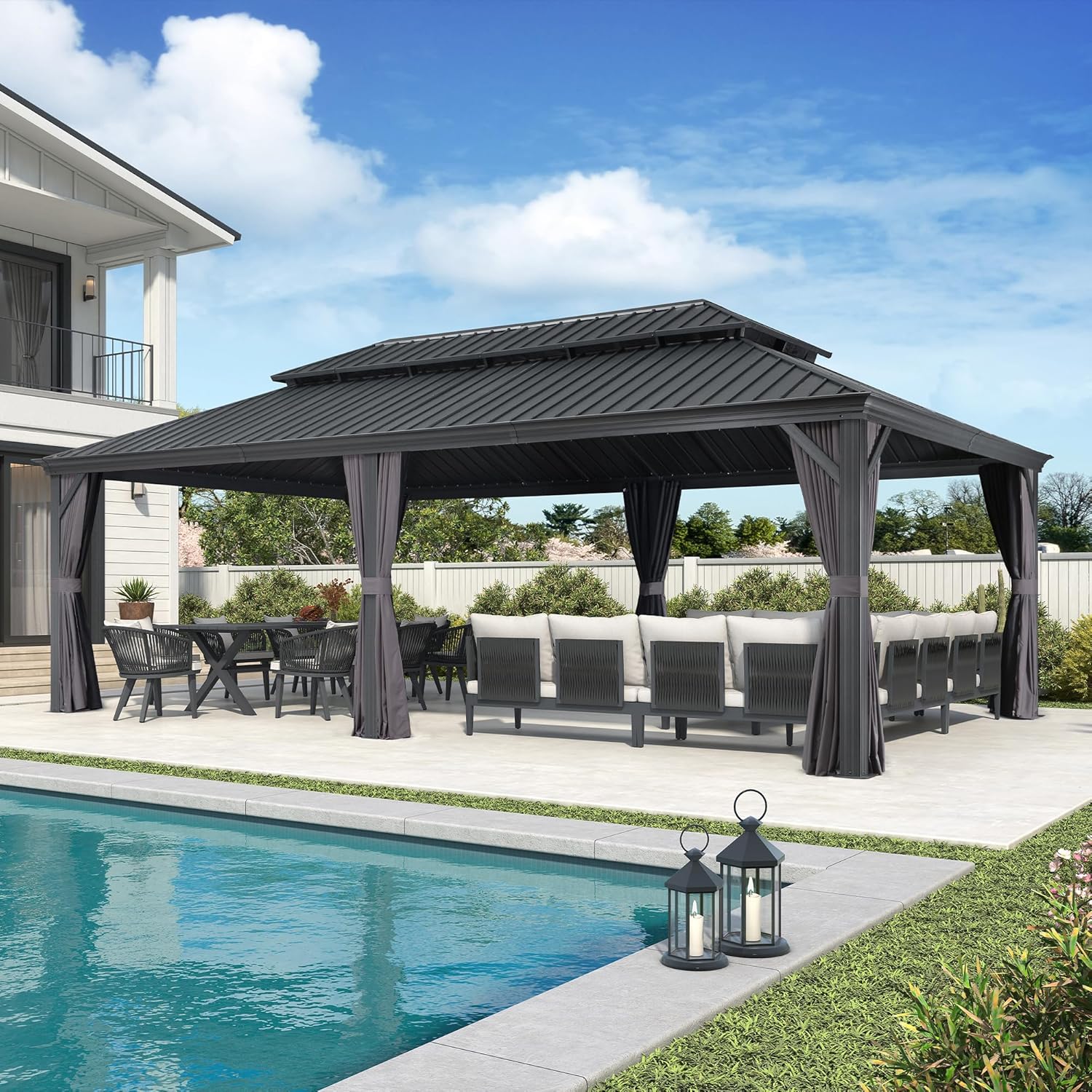 bleujardin - Tonnelle Jardin 7,32x4,25m - acier, rideaux, moustiquaire