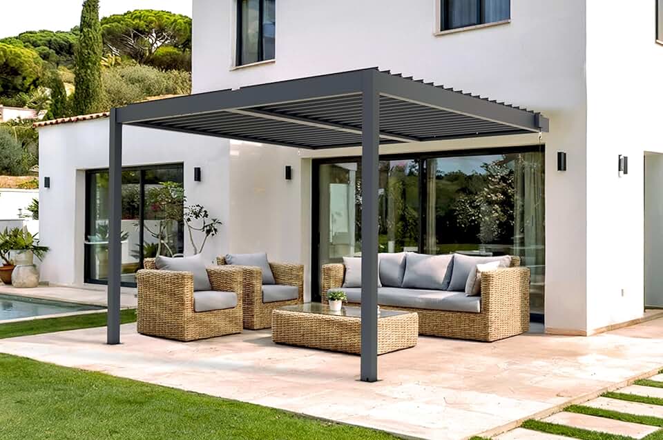 bleujardin - Piana série - 3x3m adossée bioclimatique alu gris - persienne brise-vue