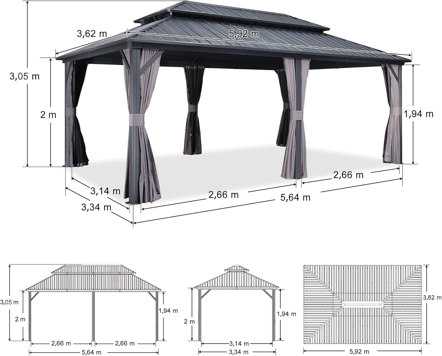 bleujardin - Tonnelle double toit rigide, 6 x 3,65 m, moustiquaire, aluminium, gris