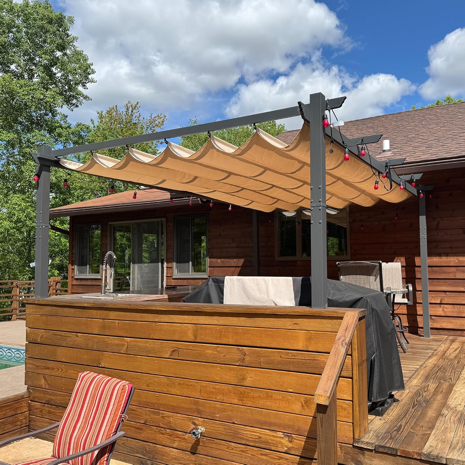 bleujardin - Pergola aluminium série - 4,8x3,5m - toit coulissant, tissu teint fil, kaki