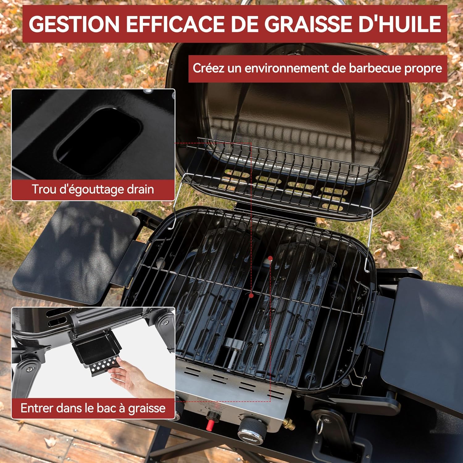 bleujardin - barbecue gaz portable - 48x37 cm - 2 brûleurs, tables pliantes, chariot détachable, 5kW