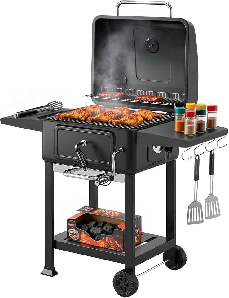 bleujardin - barbecue charbon réglable - grand format - chariot, tablettes, cheminée, roues, thermomètre