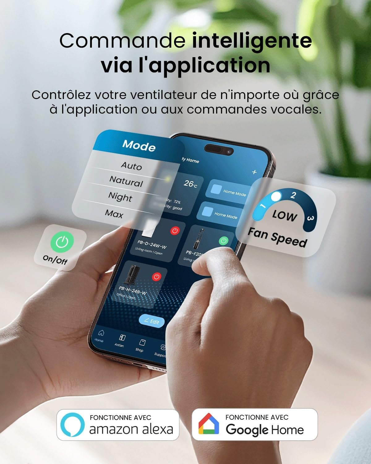 bleujardin - Ventilateur Tour WiFi Intelligent 101cm - Silencieux, LED, télécommande, 6 vitesses, oscillation
