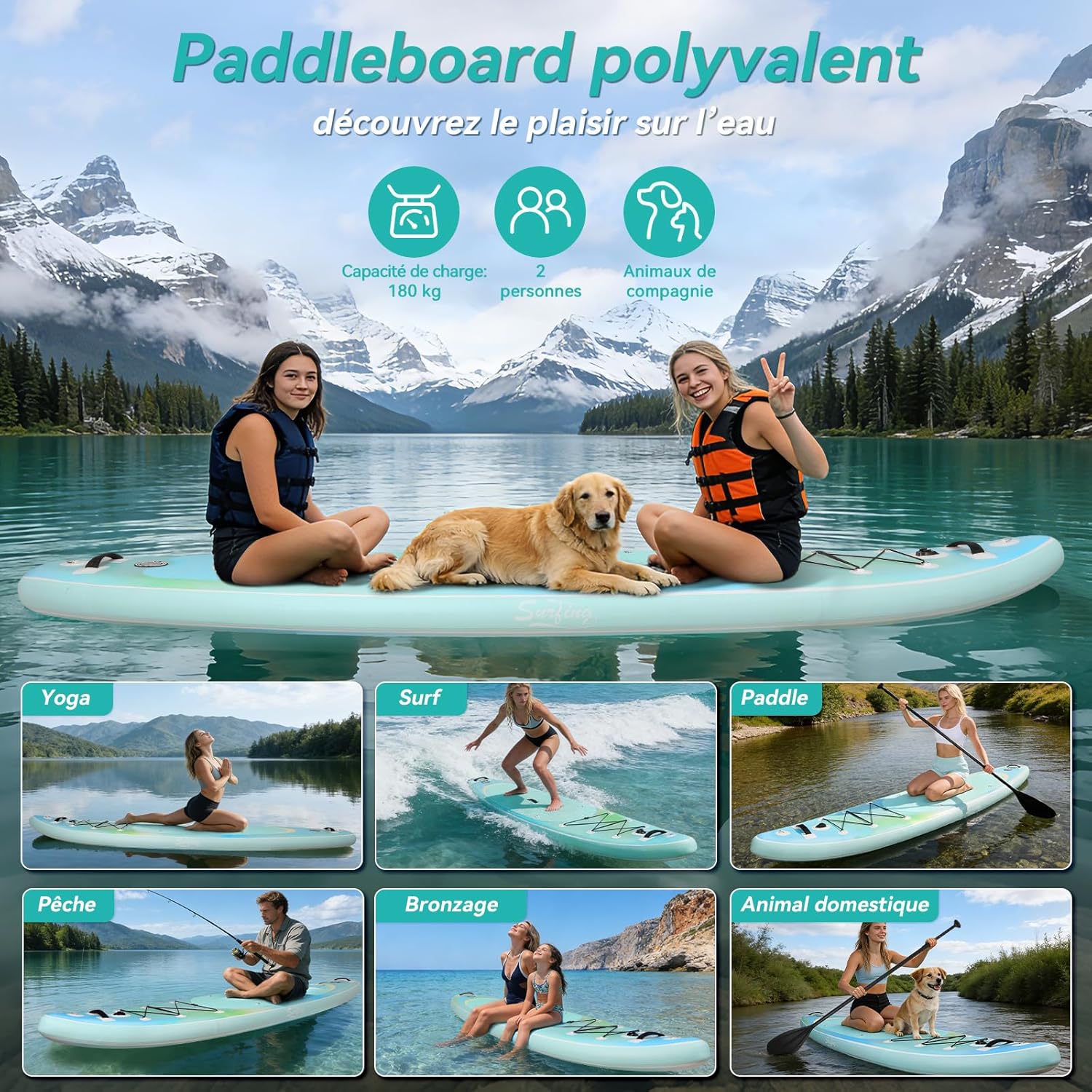 bleujardin - paddle gonflable adulte - 320/335cm - 2 places, siège kayak, pagaie alu, support caméra, pompe, 150 kg