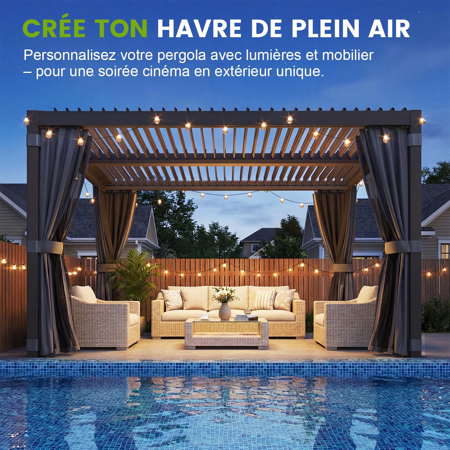 Pergola bioclimatique aluminium acier 3x3,6m toit lamelles rideaux