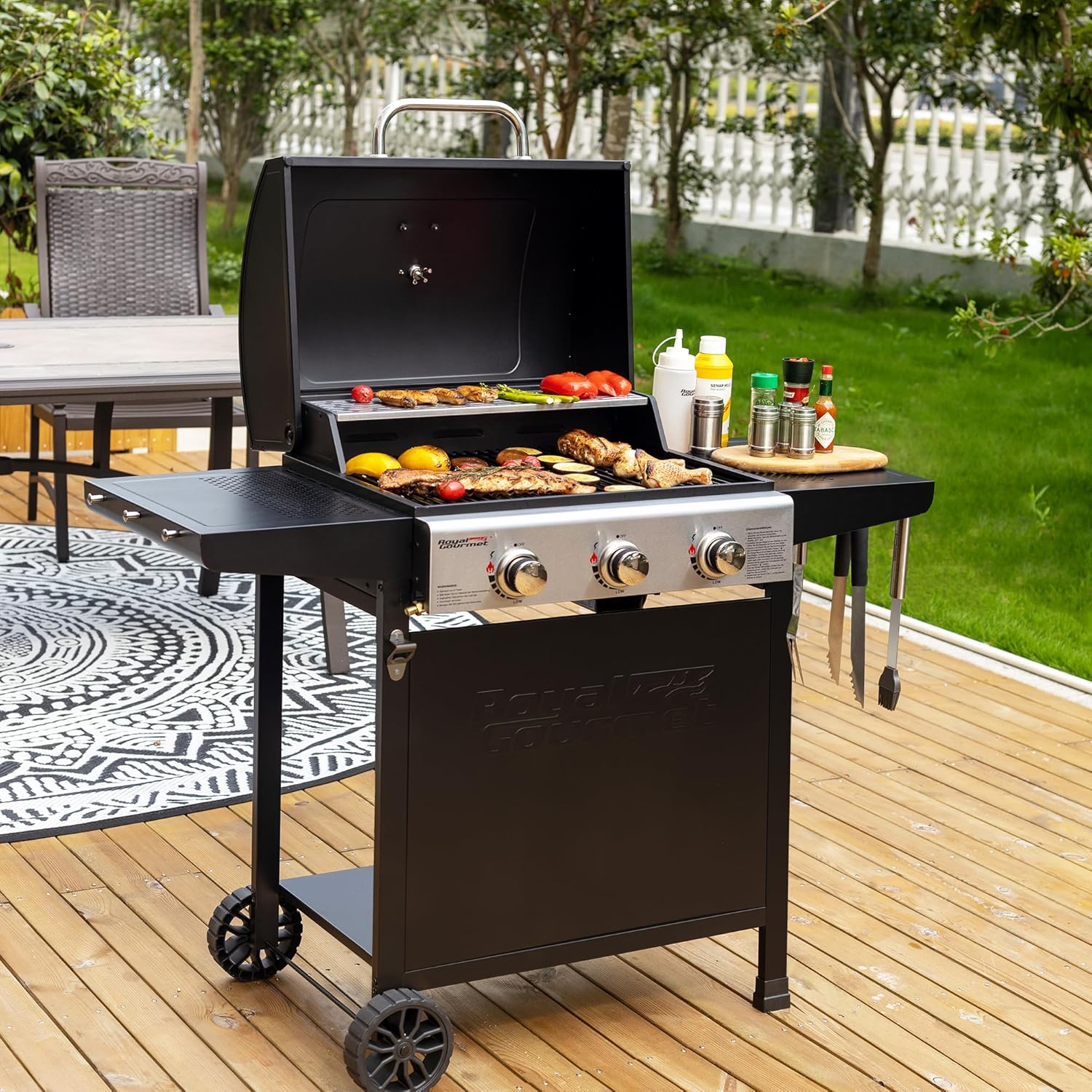bleujardin – BBQ Gaz 3 brûleurs – 9kW – chariot, capot, grilles, jardin