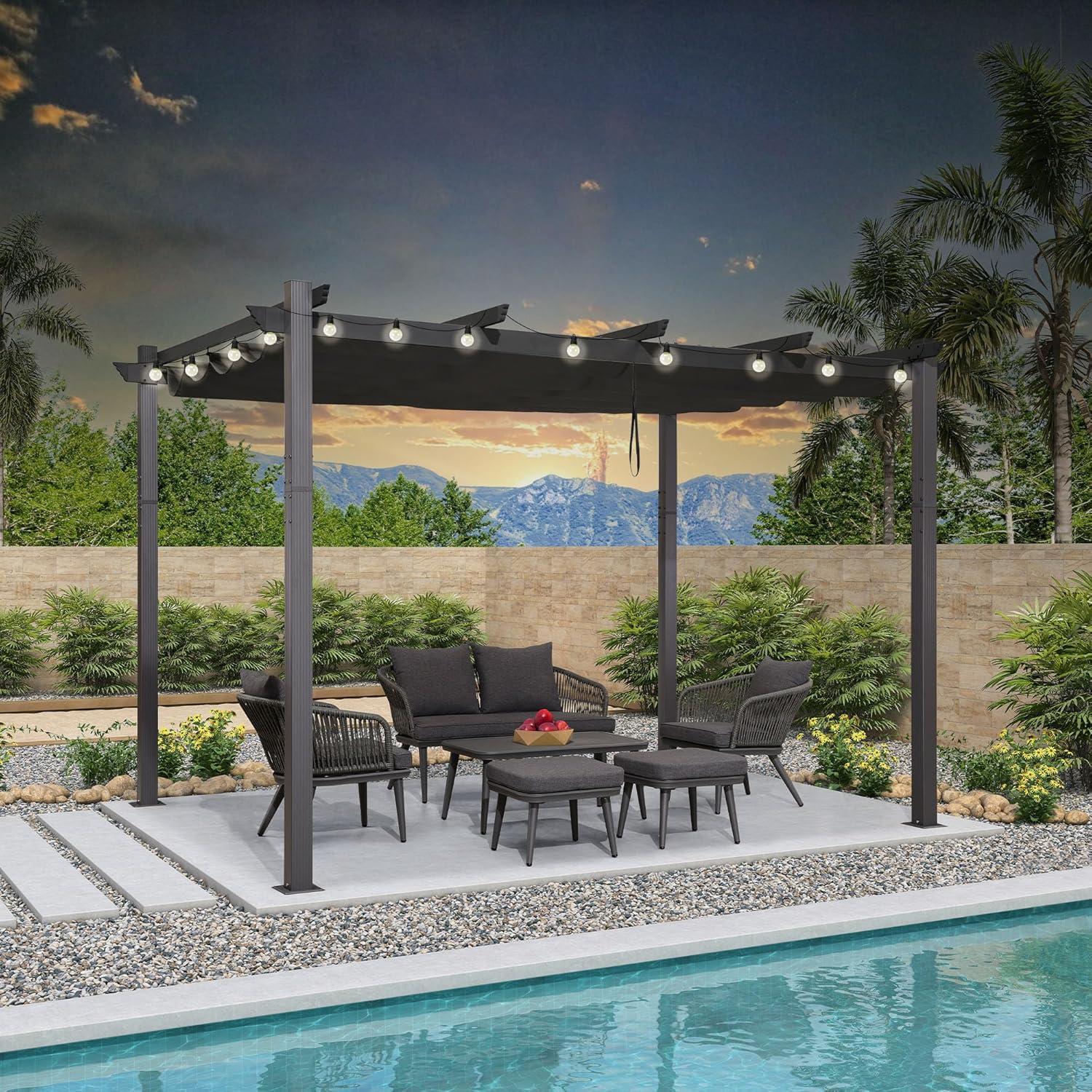 bleujardin - pergola aluminium - 3,65x3m - toit rétractable LED, tissu gris