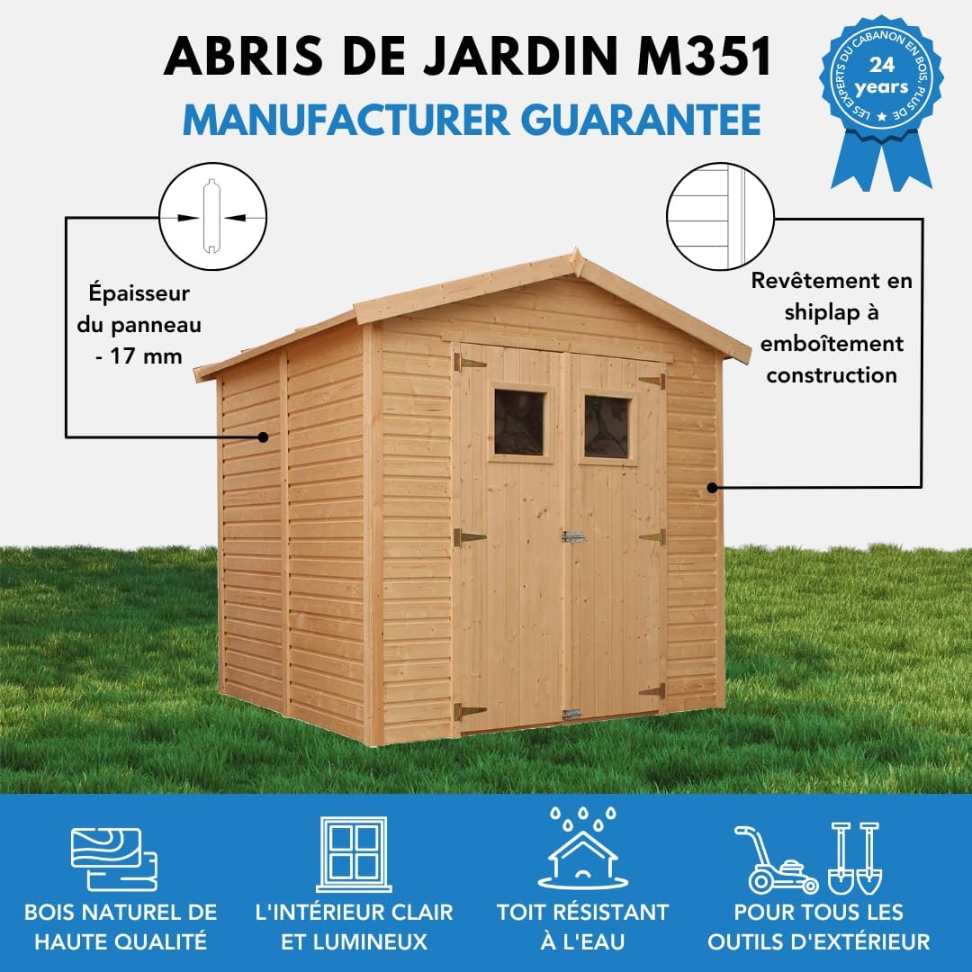 Abri de Jardin en Bois Naturel - Stockage extérieur avec fenêtres H228x222x233 cm/4,2 m² Hangar en Bois Naturel - Atelier Rangement Outils et vélos- bleujardin M351