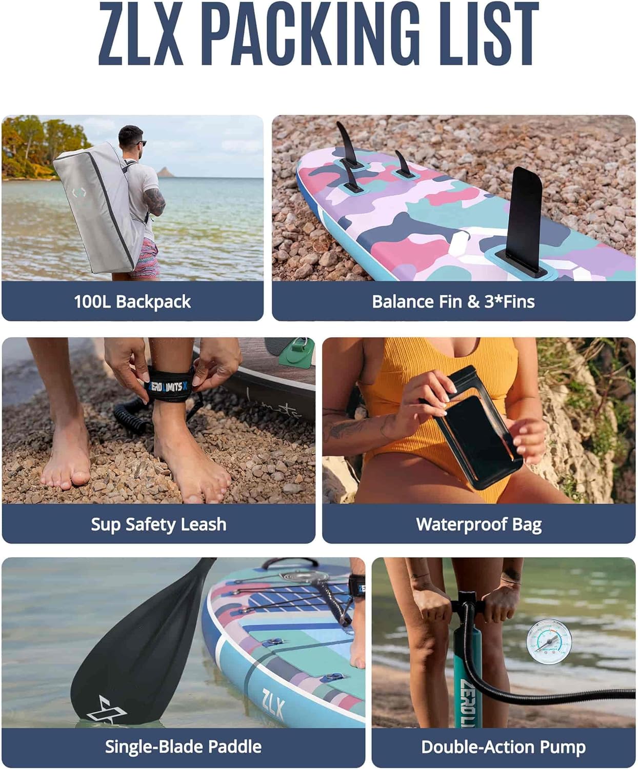 ZLX Paddle Gonflable 350 x 89 cm Extra Large Sup | Planche Stable Antidérapante, Aileron Amélioré, Accessoires Premium, Sac & Pompe Haute Pression, pour Adultes Tous Niveaux avec Siège Gonflable