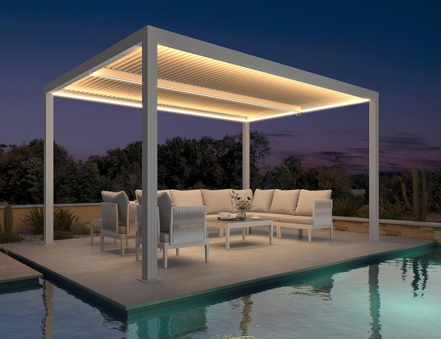 bleujardin - Pergola bioclimatique 4,24x3m - alu, LED, gouttières, blanc