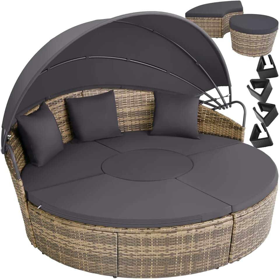 bleujardin - Bain de soleil modulable avec pare-soleil, coussins inclus, résine tressée, relax extérieur