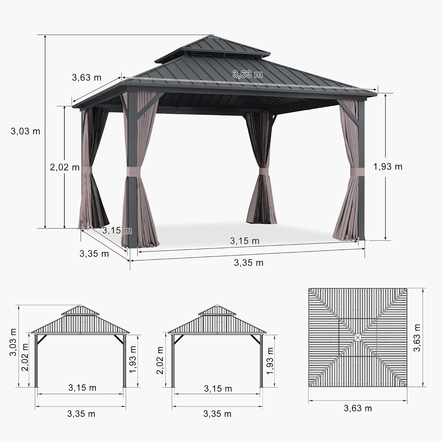 bleujardin Tonnelle de Jardin Extérieur 3,65 x 3,65 m avec Guirlande Lumineuse, Pavillon Aluminium à Double Toit en Acier Galvanisé, Pergola Jardin Extérieur avec Rideaux pour Fête, Barbecue, Gris
