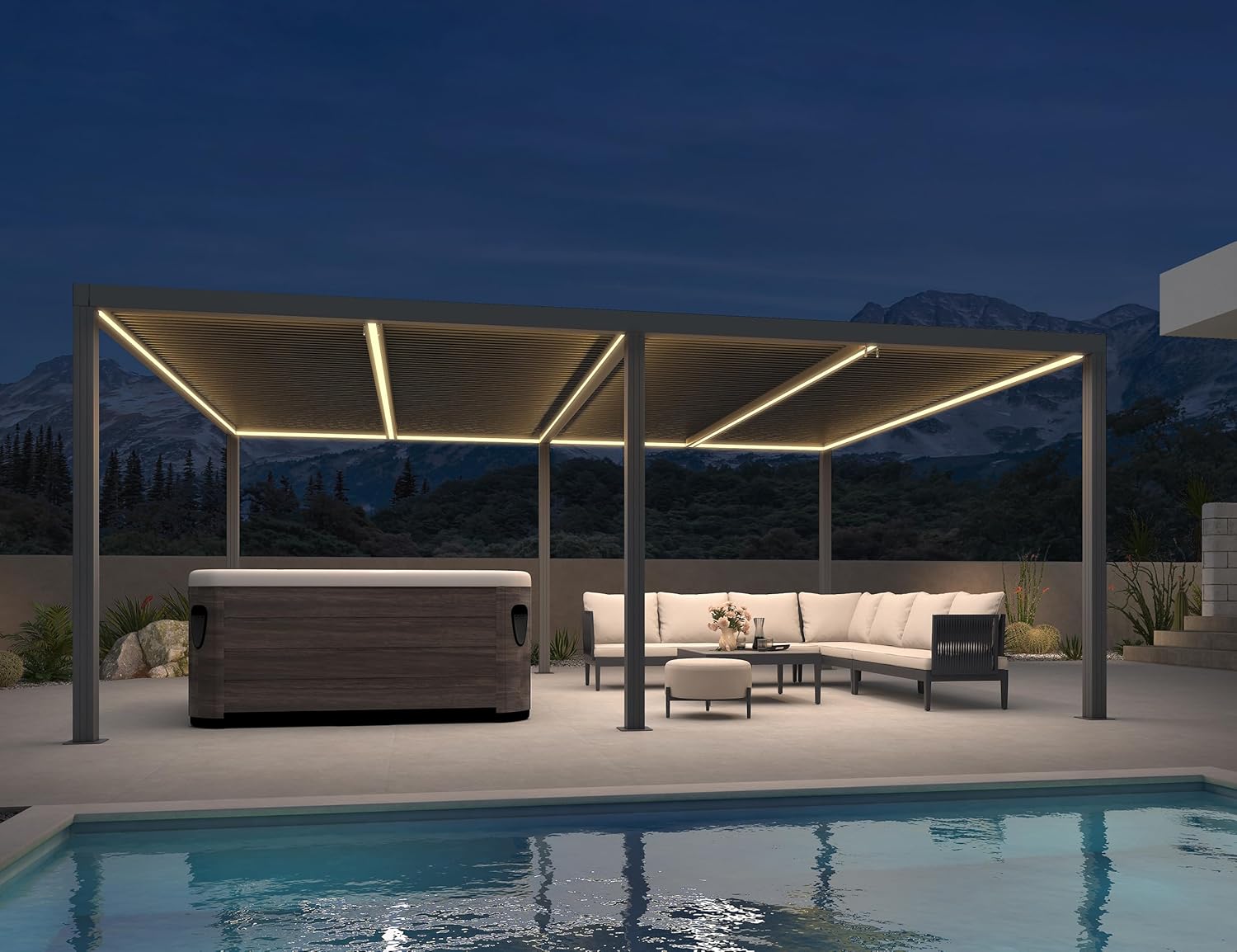 bleujardin - Pergola bioclimatique - 6 x 3,68 m - alu, LED, gouttières, gris