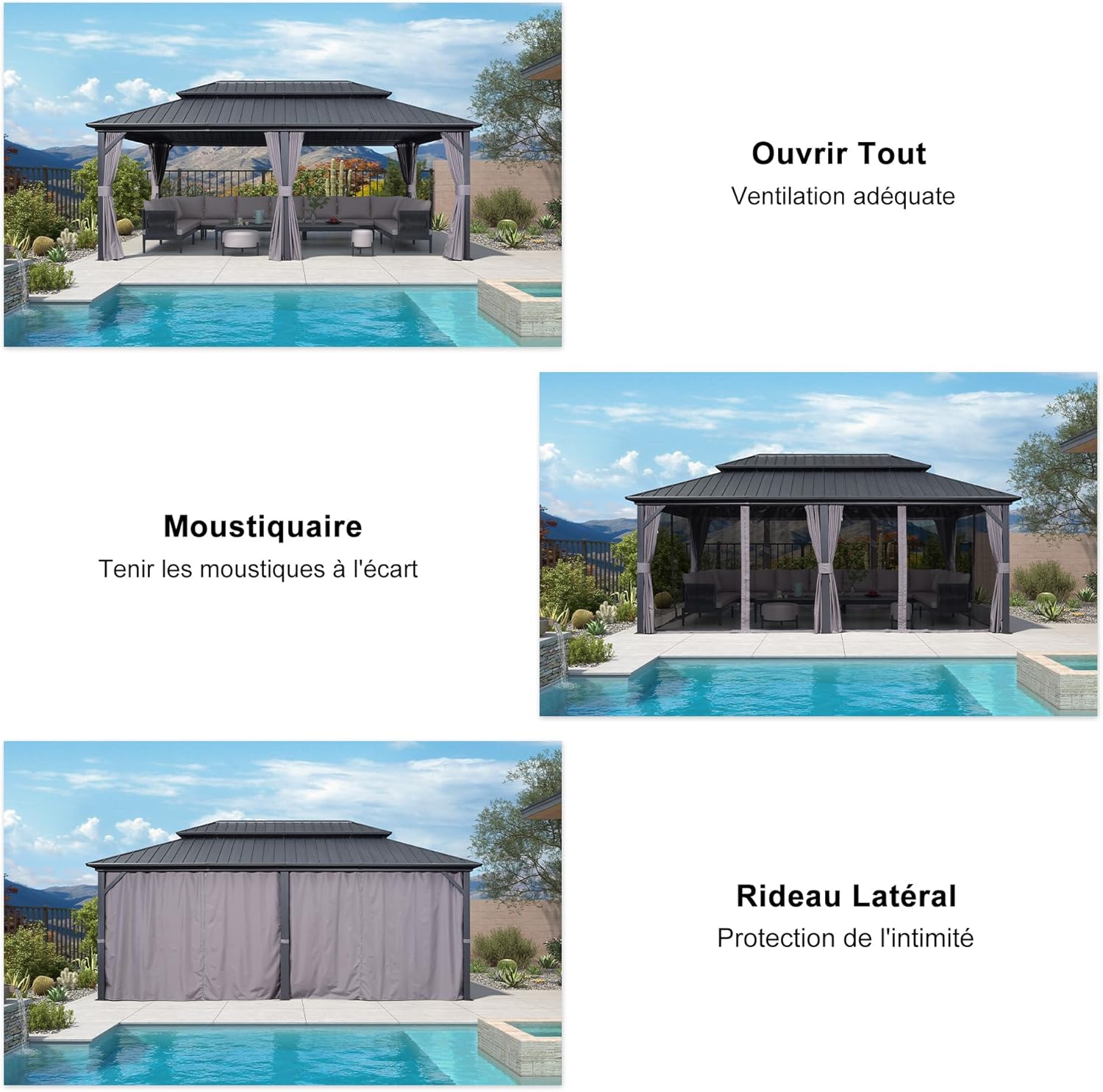 bleujardin - Tonnelle double toit rigide, 6 x 3,65 m, moustiquaire, aluminium, gris