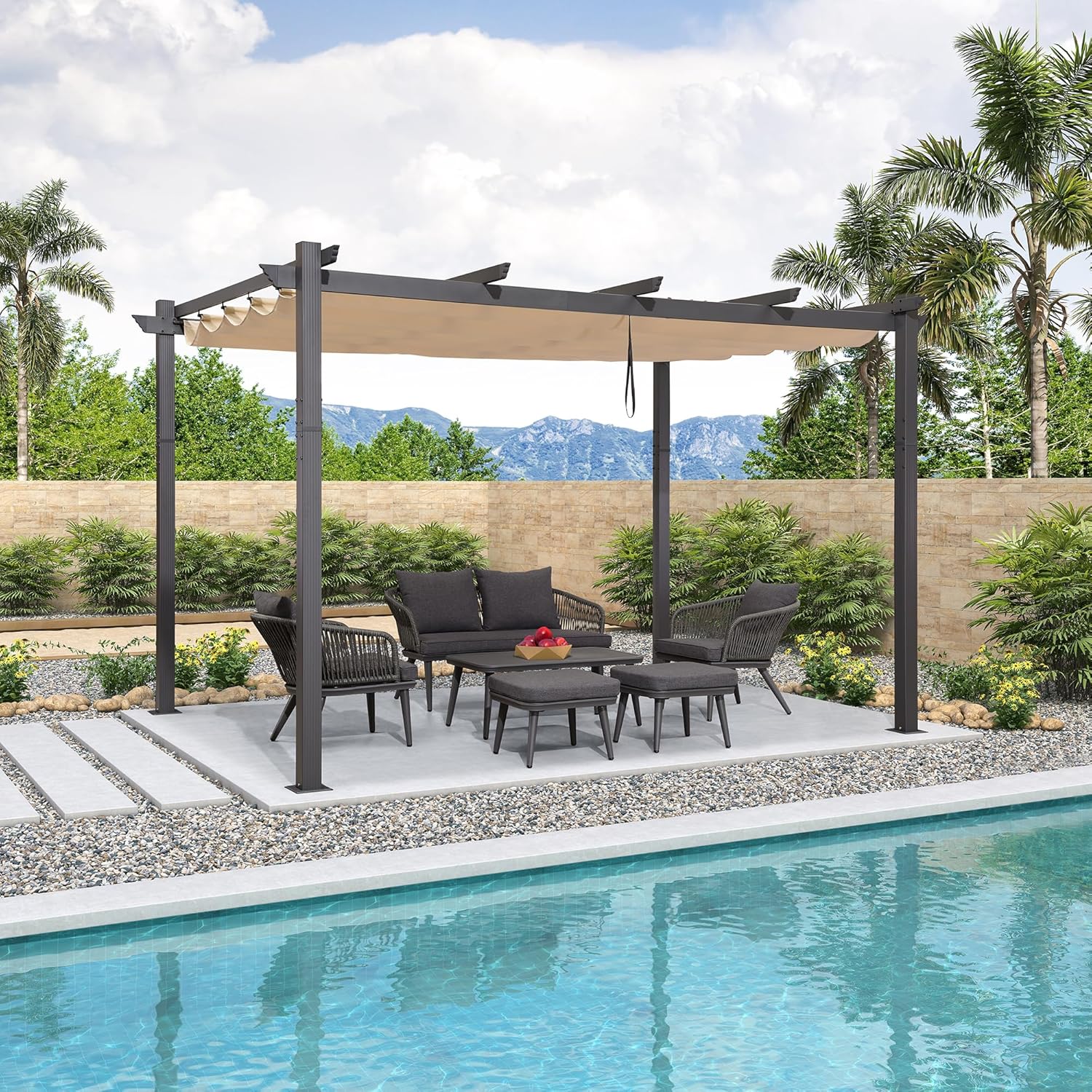 bleujardin - Pergola Aluminium - 4x3m - Toit coulissant, tissu kaki