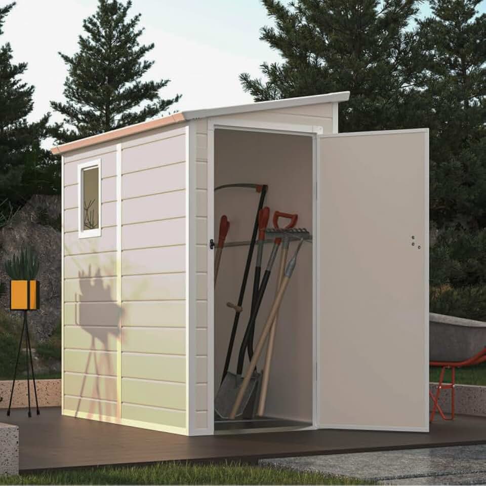 bleujardin Abri de Jardin Adossé en Résine Beige 2,09m² | Rangement Extérieur avec Fenêtre et Aération | Kit de Fondation Inclus | Structure Acier Galvanisé