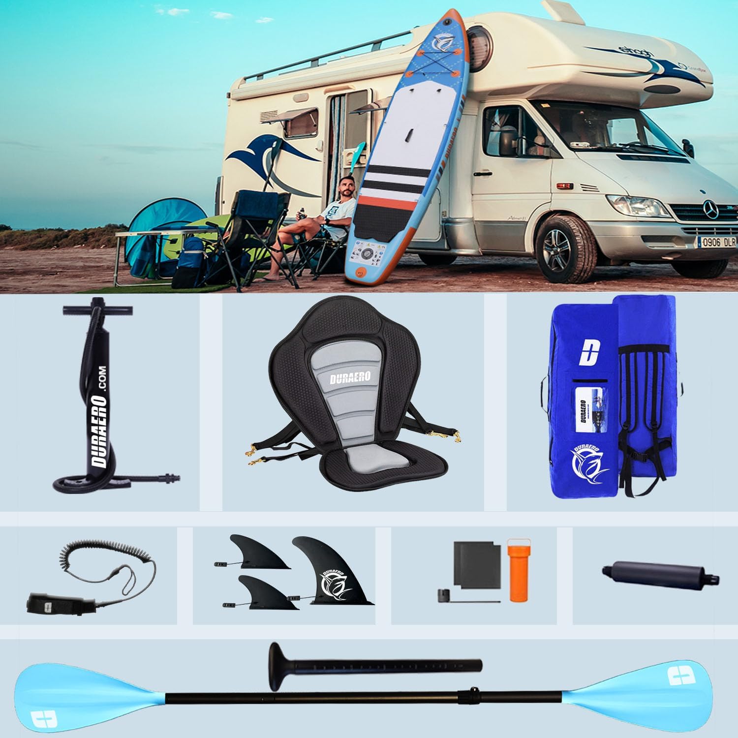 Stand up Paddle gonflable - 330x76x15 cm - siège kayak, support GoPro, double pagaie, 150 kg, bleu