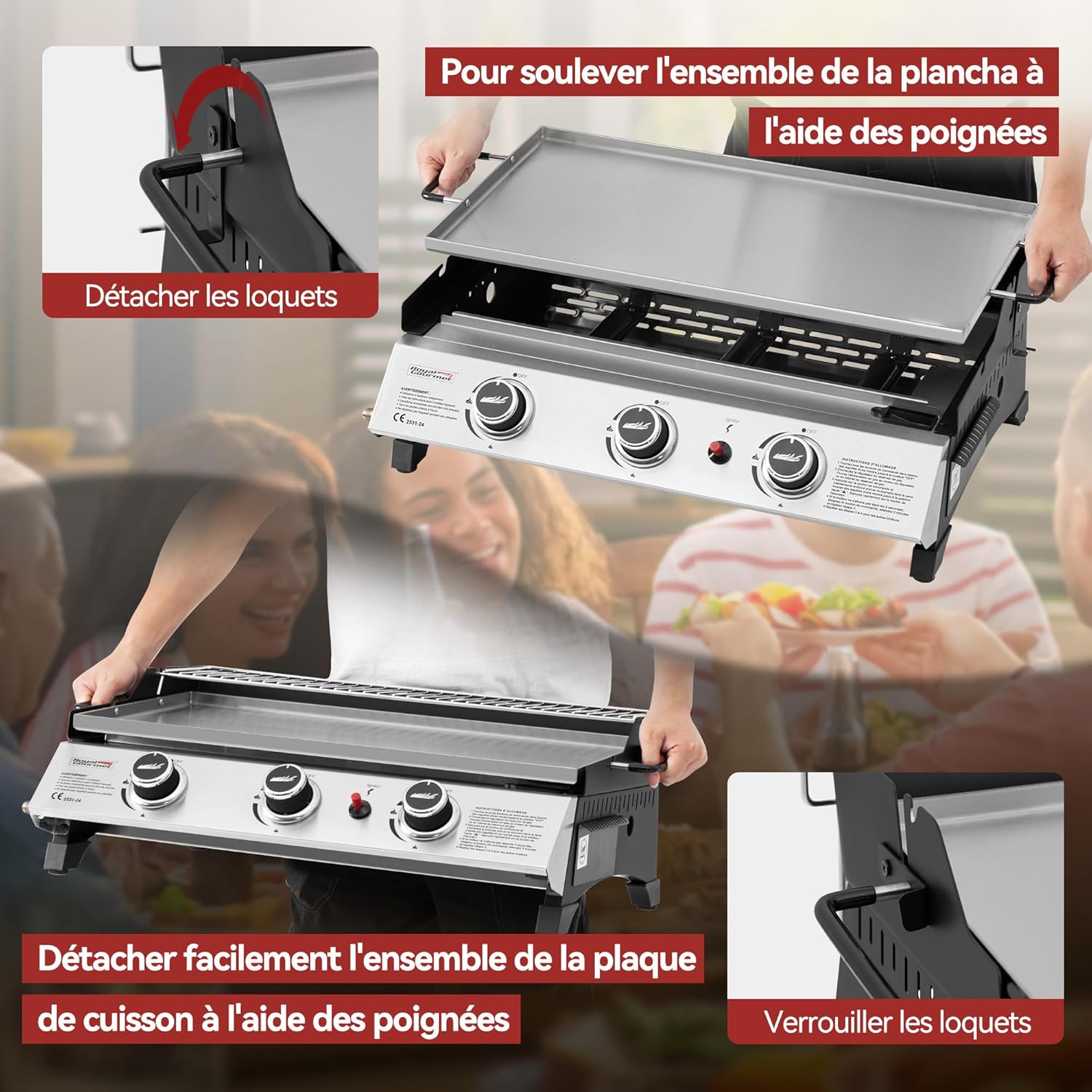 bleujardin - Plancha gaz inox 3 brûleurs 61,5x32cm, 7,5kW, usage extérieur