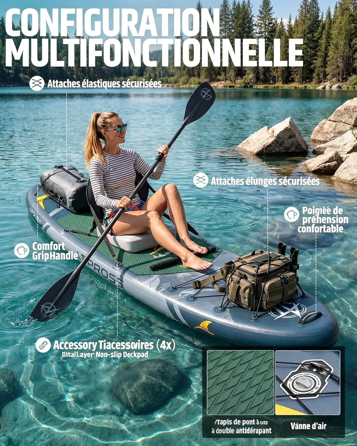 Planche de Paddle Gonflable Adulte avec Siège Kayak & Accessoires, 366x92cm Sup Extra Large & Stable, Charge 240kg, Kayak Gonflable 2 Places pour Yoga, Pêche et Surf