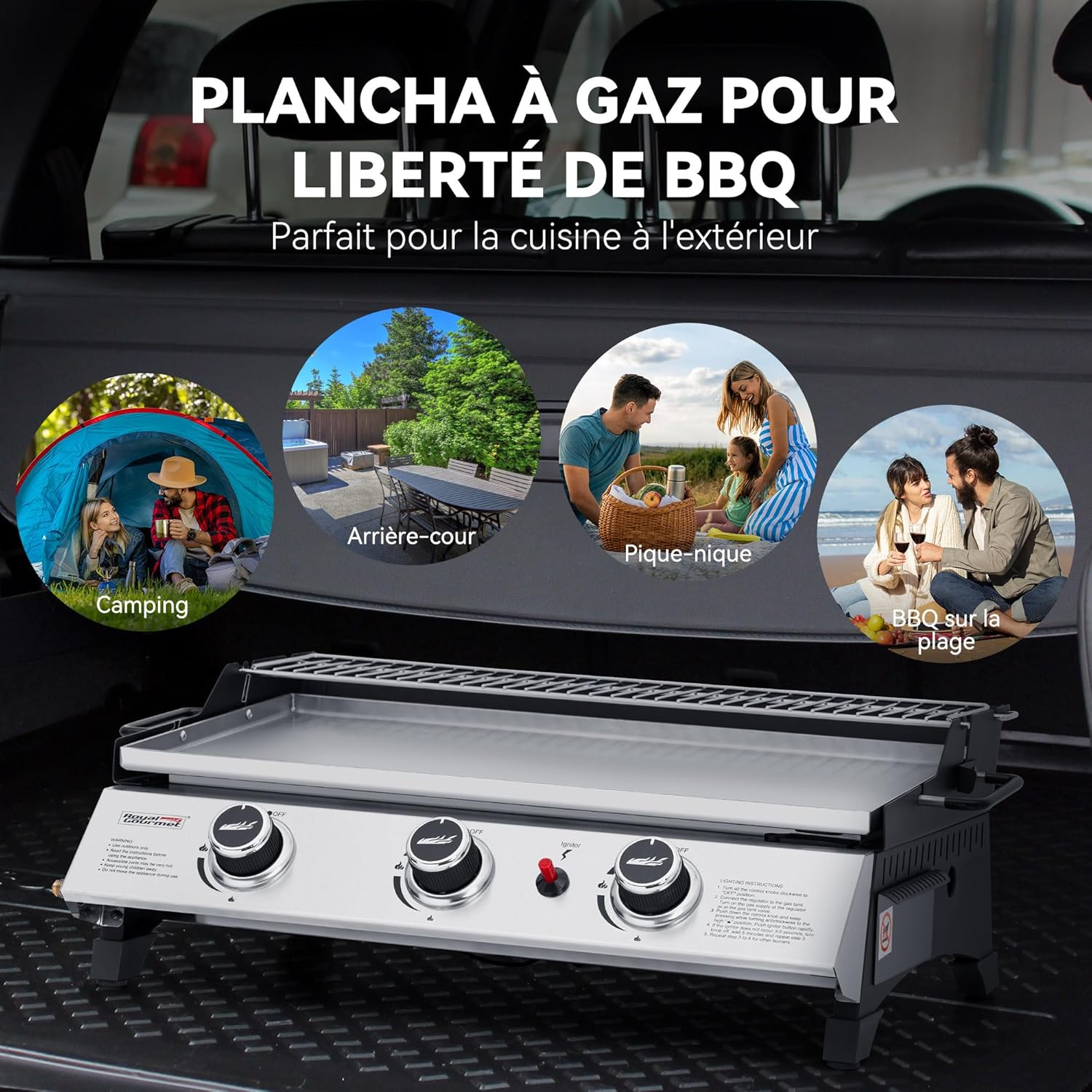 bleujardin - Plancha gaz inox 3 brûleurs 61,5x32cm, 7,5kW, usage extérieur