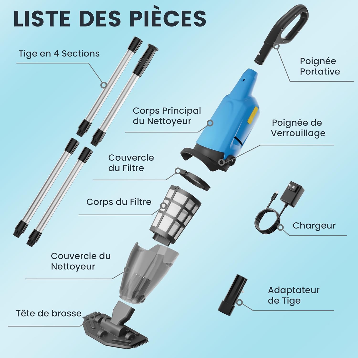 Aspirateur de piscine manuel - sans fil rechargeable, léger, pour piscines et spas