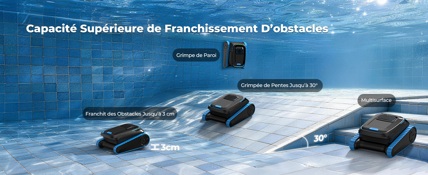 Le texte indique « Capacité supérieure de franchissement d'obstacles » avec une image sous-marine montrant plusieurs appareils noirs ressemblant à des drones sur une surface carrelée bleue avec des étiquettes et des spécifications en français.