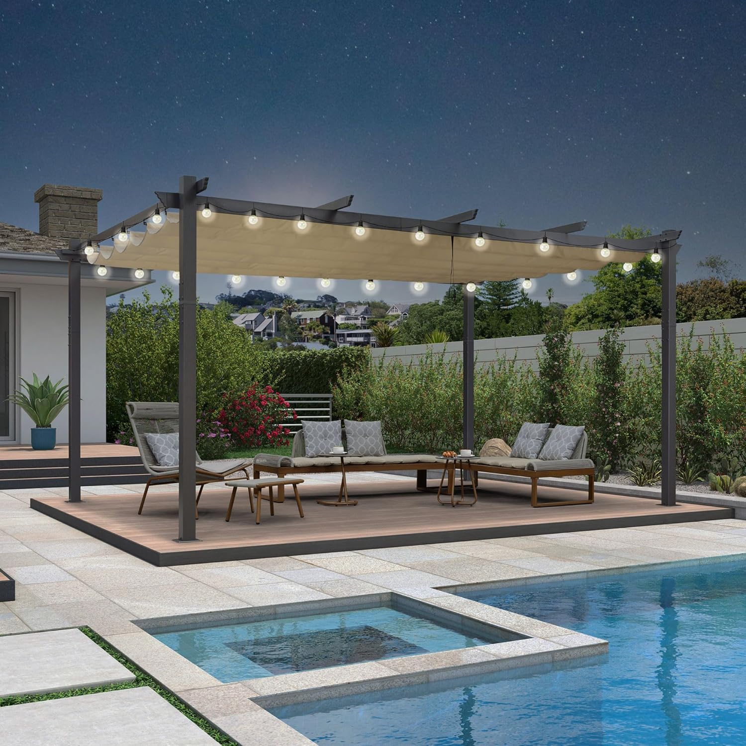 bleujardin - pergola aluminium série LED - 4,8x3,5 m - toit rétractable, structure résistante, kaki