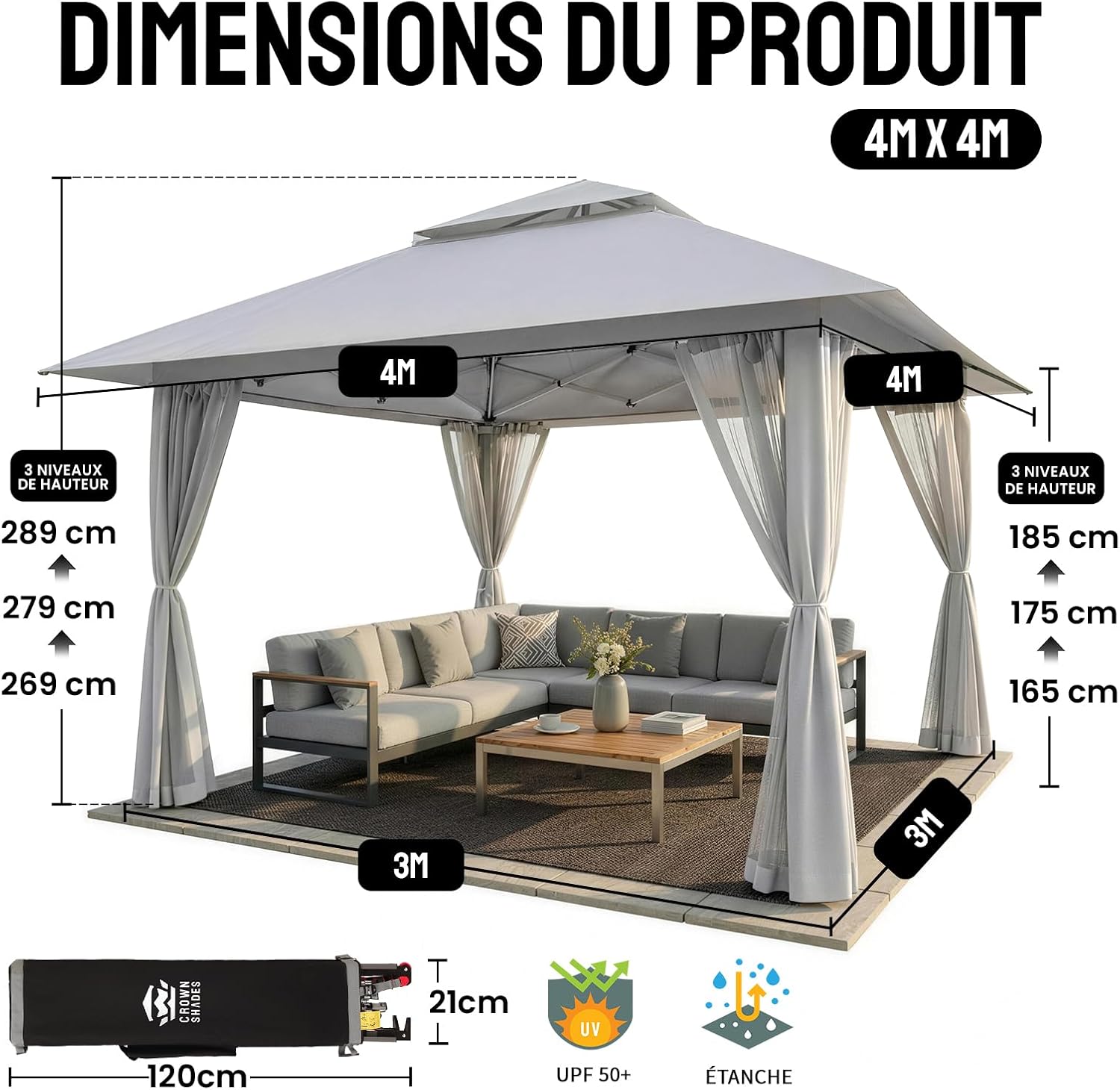 bleujardin - tonnelle jardin pop up - 4x4 m - double toit, côtés maille, hauteur réglable