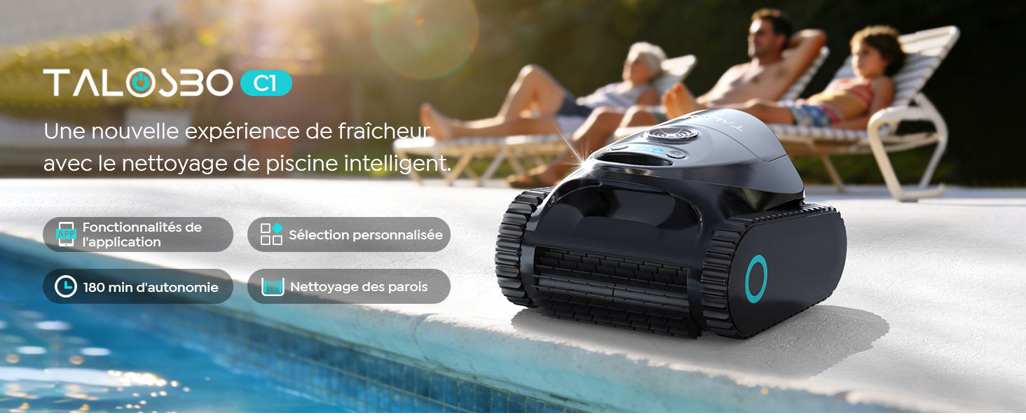 Le texte indique « bleujardin C1 ». Vues multiples du robot nettoyeur de piscine noir avec démonstrations des caractéristiques techniques et affichage de l'interface.